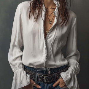 Emilia - Blusa blanca con cremallera y mangas de ala