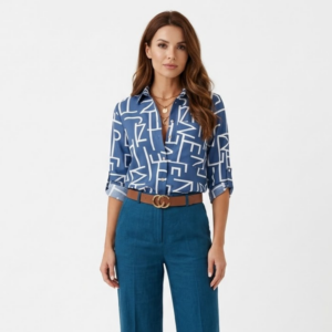 Morgana – Blusa de manga larga para mujer con estampado gráfico y cuello vuelto
