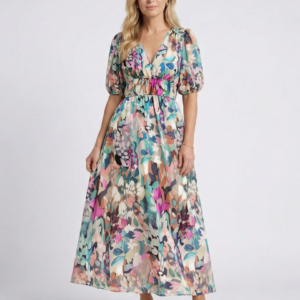 Jazmín - Vestido midi con escote en V, mangas cortas y cintura fruncida