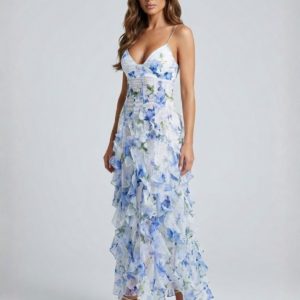 Aiza – Vestido maxi de gasa con volantes azul