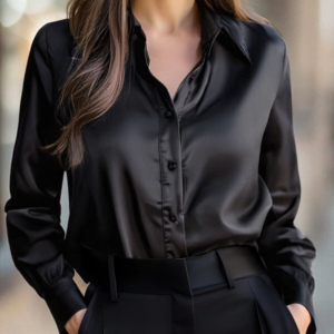Arlyn - Blusa de satén para mujer Manga larga Negra
