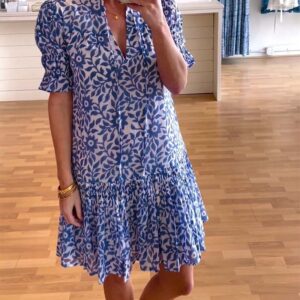 Zenvira – Vestido estampado con mangas abullonadas y pliegues plisados