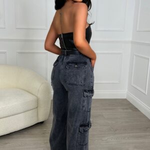 Ellowyn – Jeans cargo negros de pierna ancha en denim