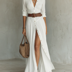 Shaina - Vestido maxi largo de lino con cuello de solapa y manga larga