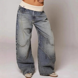 Jolina - Jeans baggy para mujer con pierna ancha y cintura elástica