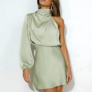 Cyra - Vestido mini de satén para mujer con un hombro, cuello alto y manga larga