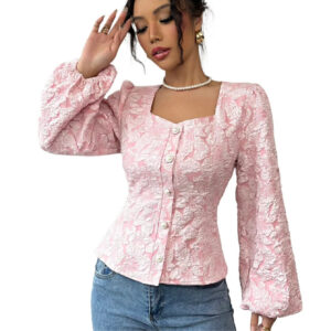 Cora - Blusa Jacquard de Flores Rosa con Escote Cuadrado y Mangas Abullonadas