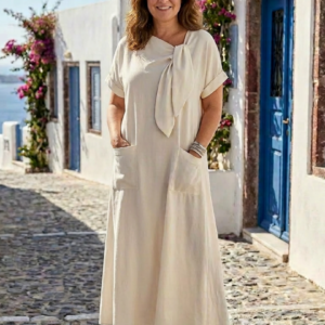 Louise - Vestido maxi con cuello redondo, manga corta y bolsillos