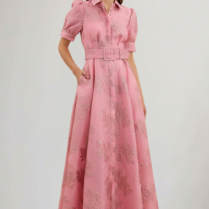 Evangeline - Vestido maxi para mujer con manga corta y cinturón en la cintura