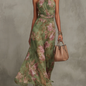 Leah - Vestido maxi de gasa verde floral con escote halter