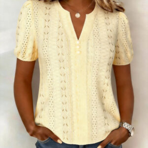 Heliora - Blusa con escote en V, botones de perlas y mangas abullonadas