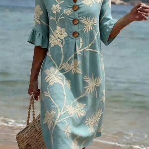 Belvoria - Vestido de mujer de algodón y lino floral suelto