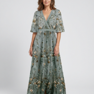 Roselyn - Vestido maxi floral con escote en V y manga corta